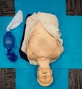 Adult CPR Training Manikin with Bag Valve Mask on Blue Mat for Basic Life Support Training Royalty Free Stock Photo