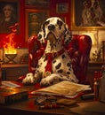 Dalmatian dog sitting at desk in a fire station
