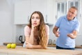 Daughter father scolding and yelling at her in home kitchen