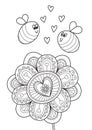 Adult doodle coloring book page flower and bees. Antistress zentangle
