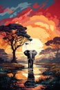 Adult elephant on african savannah in sunset. Created with Generative AI