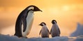 Adult Emperor Penguin With Chicks At Antarctic Sunset. Emperor Penguin Parenting In Nature. Generative AI Royalty Free Stock Photo