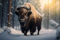 Adult European bison(Bison bonasus) bull in forest looking at camera