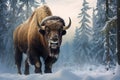 Adult European bison(Bison bonasus) bull in forest looking at camera