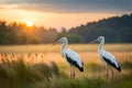 Adult European White Stork Standing In Green Summer Grass. Royalty Free Stock Photo