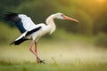 Adult European White Stork Standing In Green Summer Grass. Royalty Free Stock Photo