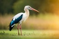 Adult European White Stork Standing In Green Summer Grass. Royalty Free Stock Photo