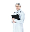 Adult experienced doctor with a folder and a stethoscope. Isolated on white background.