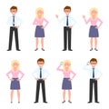 Adult eyeglasses office guy and blonde lady vector. Waving, thumbs up, saying hello, talking on phone boy, girl cartoon character Royalty Free Stock Photo