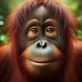 An adult female Bornean orangutan fills frame in close-up portrait