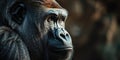 an adult female gorilla is staring as it is dark behind it, in the style of intense portraiture