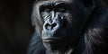 an adult female gorilla is staring as it is dark behind it, in the style of intense portraiture