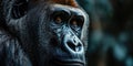 an adult female gorilla is staring as it is dark behind it, in the style of intense portraiture