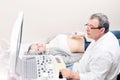 Adult female patient going through abdomen ultrasound at private clinic. Royalty Free Stock Photo