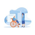 Adult female patient sitting in a wheelchair. A young doctor helps examine patients in the hospital. Elderly patient concept. Royalty Free Stock Photo
