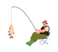 Adult fisherman holding caught fresh fish on rod while sitting on chair isolated on white background Royalty Free Stock Photo