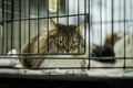 Adult fluffy homeless alone cat with sad look, lying on cage in shelter waiting for home, for someone to adopt him Royalty Free Stock Photo