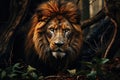 An adult formidable lion emerges from the jungle. Wild life. Generated by artificial intelligence