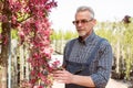 Adult gardener near the flowers. The hands holding the tablet. In the glasses, a beard, wearing overalls. In the garden shop