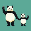 Adult giant panda and baby panda standing holding hands and waving. Chinese bear family. Mother or father and child. Royalty Free Stock Photo
