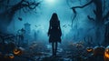 Adult girl walks alone in spooky mystic forest at Halloween night