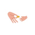 An adult gives pocket money to a child. An adult hand holds out a gold coin to a childs hand. Financial literacy