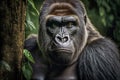 Adult gorilla hiding behind a tree in the jungle, Generative AI