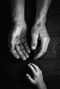 Adult hands holding kid hands, Family Help Care Concept.black and white. Royalty Free Stock Photo