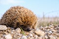 Adult hedgehog in mid defensive position after crossing the road