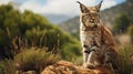 Adult Iberian lynx is sitting in nature. Iberian lynx rare animal. Photo Ai generated