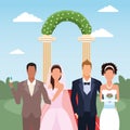 Adult just married couples over floral arch and landscape background, colorful design