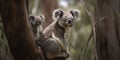 Adult koala with baby looking at distance in the forest