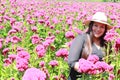 Adult latin woman with hat walks in field of red flowers, flower for day of the dead in Mexico Royalty Free Stock Photo