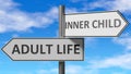 Adult life and inner child as a choice, pictured as words Adult life, inner child on road signs to show that when a person makes