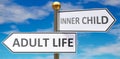 Adult life and inner child as different choices in life - pictured as words Adult life, inner child on road signs pointing at