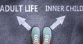 Adult life and inner child as different choices in life - pictured as words Adult life, inner child on a road to symbolize making