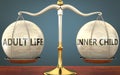 Adult life and inner child staying in balance - pictured as a metal scale with weights and labels adult life and inner child to