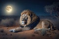 Adult lion lies in the evening African savanna against the background of the moon, Generative AI