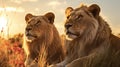 Adult Lions Gazing into Distance during Golden Hour Sunset