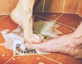 Adult lovers playing with foot in shower Royalty Free Stock Photo
