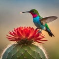 Adult Male Broad-Billed Hummingbird in Panoramic Composition, Feeding at Cactus Flower AI GENERATED Royalty Free Stock Photo