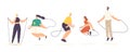 Adult Male and Female Characters Exercising with Jump Rope. Summertime Recreation, Outdoor or Indoor Activity, Sparetime
