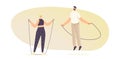 Adult Male and Female Characters in Sportswear Exercising with Jump Rope. Sports Recreation, Outdoor or Active Sparetime Royalty Free Stock Photo