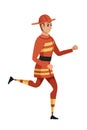 Adult male firefighter running on ground wearing fireproof form cartoon character design flat vector illustration