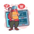 Adult male holding boxes with purchases, ordering things via tablet. Electronic commerce benefits