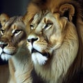 Male lion and female lioness, family portrait on dark background, generative AI Royalty Free Stock Photo