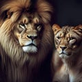 Male lion and female lioness, family portrait on dark background, generative AI Royalty Free Stock Photo