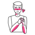 Adult male in love, holding his hands. Line art, hand drawn sketch style with pink spots Royalty Free Stock Photo