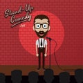 Adult male stand up comedian cartoon character on red brick stage with spotlight Royalty Free Stock Photo