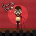 Adult male stand up comedian cartoon character on red brick stage with spotlight Royalty Free Stock Photo